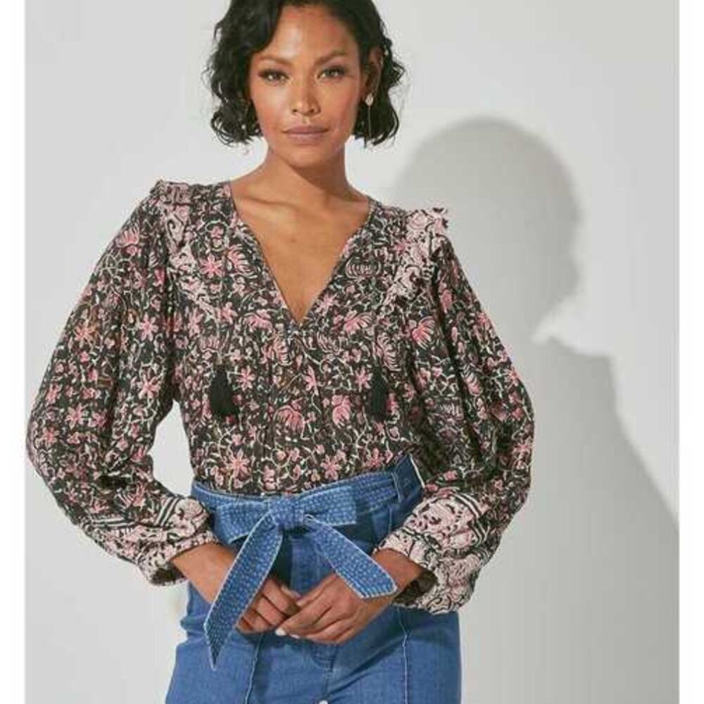 Cleobella Brynlee Pink Black Floral Print Tassel Metallic Peasant Blouse Size XS